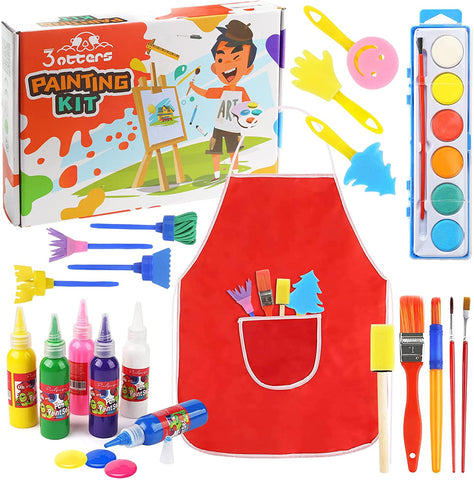 3 otters Toddler Paint Set, 21pcs Paint Tools for Kids Washable Paint Set  Painting Apron Brushes Kids Early Learning Finger Painting