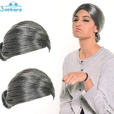 Old Lady Gray Costume Wig, Santa Grandma Wig Costume Accessories - 3 Otters