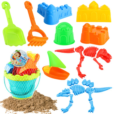 3 otters Beach Toys Set, 25pcs Dinosaur Castle Sand Toys Toddlers Beach Castle Toys Foldable Beach Bucket